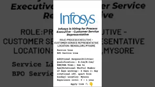 Infosys is hiring for Process Executive – Customer Service Representative..... #hyderabad #placement