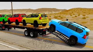 Flatbed Trailer Toyota Cars Transportation with Truck - Pothole vs Car #001 - BeamNG.Drive