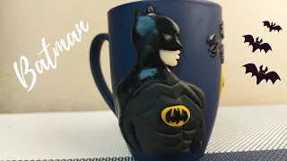 Бэтмен из полимерной глины на кружке.How to make Batman from clay?Видео лепка. Polymer clay tutorial