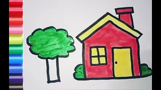 How to draw cute and easy House and Tree | Easy drawing, Painting and Coloring for Kids & Toddler