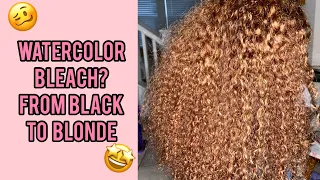 Watercolor Bleach? Bleach Bath for Wigs? | From Black to Honey Blonde | Curly Lace Frontal Wig