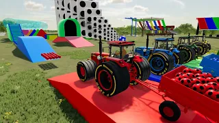 Turbo Tractors Transport Rubber Balls and Brick Walls VS Tractor - Test of New Objects on the farm