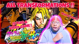 NON JOJO FAN REACTS - ALL TRANSFORMATIONS: JOJO'S BIZARRE ADVENTURE ALL STAR BATTLE R REACTION