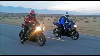 Suzuki GSXR 600 vs Yamaha R6  - Onboard, exhaust sounds, top speed  & more...