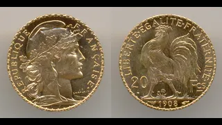 Нумизматика. Золотая монета. Франция, 20 франков 1908 года.  Gem Uncirculated.