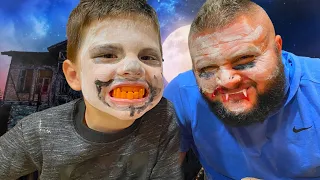 CALEB & DADDY SPOOKY halloween makeup and fake teeth PRETEND PLAY!