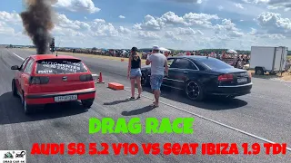 Audi S8 5.2 V10 vs Seat Ibiza 1.9 TDI drag race 1/4 mile 🚦🚗 - 4K UHD