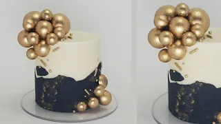 Two-Toned Buttercream Cake | Gold Sphere Cake Toppers (light weight) | Cake Decorating Tutorial