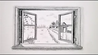 How to draw in one point perspective, a window scenery, step by step