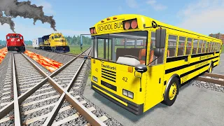 Double Flatbed Trailer Truck vs Rails - Speed Bumps - Deep Water - Train vs Cars - BeamNG.Drive
