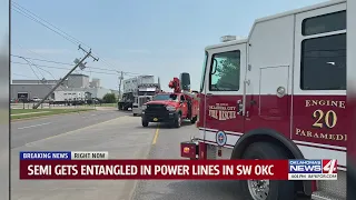 Semi gets entangled in power lines in SW OKC