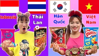 Hằng Nheo | Thử Thách Ăn Bim Bim Theo Hình Lá Cờ Các Nước - Snack Các Nước