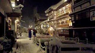 [4K] Snow at Ginzan Onsen - A Night Walk Around Ghibli's World