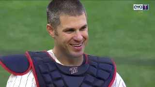 Twins' Joe Mauer catches for the first time since 2013