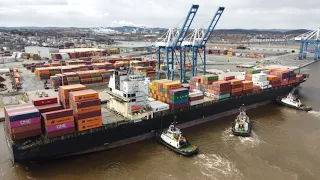 Awesome 4K Aerial View! Container Ship NYK REMUS Inbound into Saint John, NB - Three Tugs