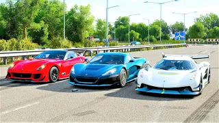 Forza Horizon 4 Drag race: Rimac C2 vs Koenigsegg Jesko vs Ferrari 599XX Evo (Maxed out)