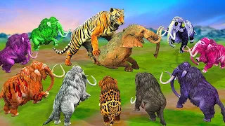 10 Zombie Tiger vs 10 Zombie Mammoth Fight Cow Cartoon Elephant Saved By Woolly Mammoth Wild Animals