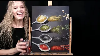 How to Draw & Paint SILVER SPICE SPOONS with Acrylics - Paint and Sip at Home - Fun Painting Lesson