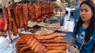 Cambodian street food at Olympic market - Tasty roasted duck, pork ribs, fish & Pigs intestine