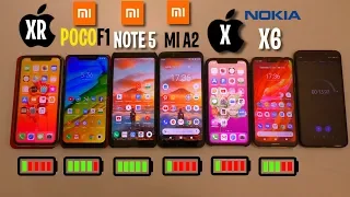 КТО ДОЛЬШЕ ПРОДЕРЖИТСЯ? АЙФОН XR, XIAOMI POCOPHONE F1, REDMI NOTE 5, MI A2, IPHONE X и NOKIA X6