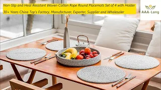 Customized Woven Cotton Rope Round Placemats Set of 4 with Holder , Cotton Rope Plate Mat Factory