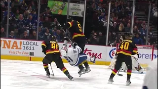 Jake McCabe fights Tyler Myers after hitting John Tavares