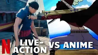 ONE PIECE Episode 5 'Zoro vs Mihawk Fight Scene' - Netflix Live Action Series VS Anime Comparison
