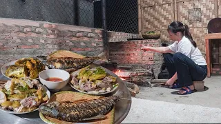 Plumbing water using PVC pipes to fish pond, harvest fish and cooking meal, Điền Tiểu Vân