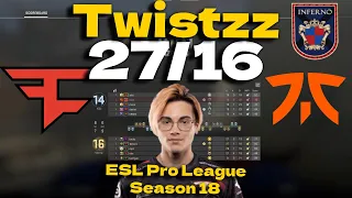 CSGO POV FaZe Twistzz (27/16) vs fnatic (Inferno) @ ESL Pro League Season 18