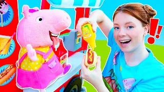 Peppa Wutz verkauft Hotdogs und Eis. Spielzeug Video für Kinder. Spielspaß mit Peppa und Irene