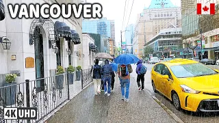 🇨🇦 【4K】⛈️⛈️⛈️ Heavy Rain in Downtown Vancouver BC. Travel Canada. Relaxing Walk. April 2024.