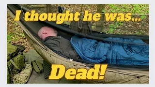 I thought he was Dead! | English Forest Wild Camping | No Tarp Camping in a Hammock | Cooking.