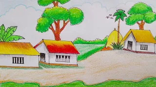 Beautiful village scenery drawing