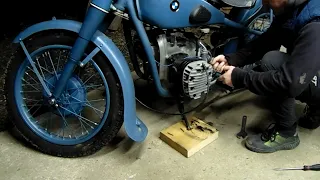 Bmw R71 oldtimer , buying motorcycle and starting engine .
