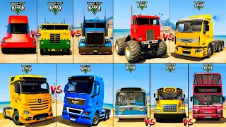 Tesla Truck vs Big Wheels Monster Truck vs Mercedes Truck vs School Bus - GTA 5 Mods Trucks and Bus