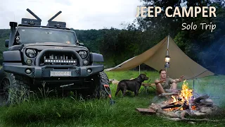 JEEP Camping SOLO with my DOG. River camp, strong winds shelter -   Sounds of Camping Ep7
