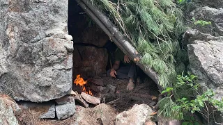 Natural Shelter and Primitive Fire With Pine Needle Roof While Wearing Sandals