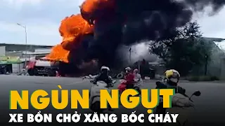 Xe bồn chở xăng bị cháy ngùn ngụt, cháy lan vào nhà dân ở Nhà Bè