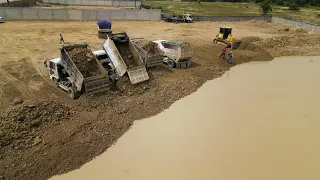 Update Best Komatsu Dozer DR51PX Technique Operated With 5Ton Dump Trucks Filling Soil Into Water