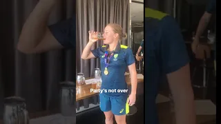 Alyssa Healy continuing the celebrations with a beer before heading on stage!