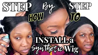 STEP BY STEP‼️ HOW TO INSTALL A SYNTHETIC LACE FRONT WIG WITHOUT GLUE TUTORIAL FOR Beginners