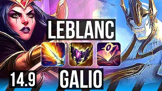 LEBLANC vs GALIO (MID) | 7 solo kills, 9/2/5, 500+ games, Dominating | NA Diamond | 14.9