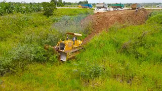 Nice Team Work Dump Truck Transport Soil New Filling with Skill Bulldozer Komatsu D51P Clearing Soil