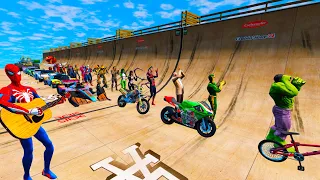 Ramps challenge jumping Pool GTA V mod Ragdolls Spiderman Freddy Krueger Firetruck Monsters Off Road