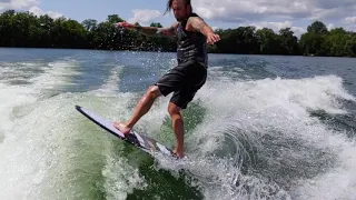 A first rip on the SurfMN King of the Lakes Classic course behind a Centurion Ri257.