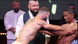 JONO CARROLL GETS AGGRESSIVE & SHOVES MIGUEL MARRIAGA AS TEMPERS FLARE AT WEIGH IN (DUBAI)
