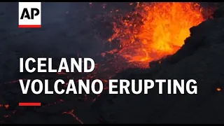 Dramatic drone shots of Icelandic volcano erupting