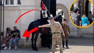 Trooper, King's Guard REPRIMAND them to move.  Idiots walk through the HORSE BOX.