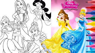 All Together Princesses Coloring Page DISNEY Cinderella Belle Jasmine Rapunzel Princess Compilation
