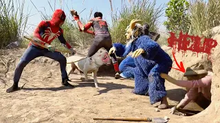Smart Pitbull Dog and Spider-Man fight two carnivorous Monsters to rescue the girl